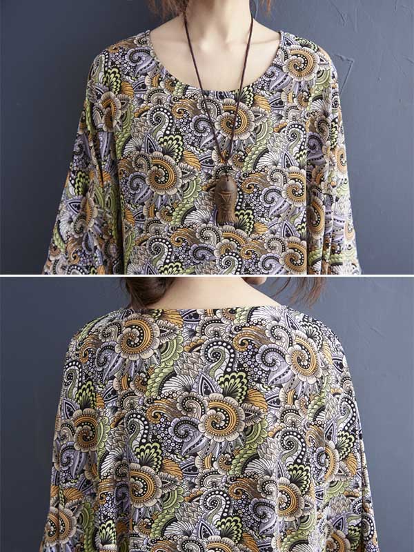 Loose National Floral Printed Round-Neck Batwing Sleeves Midi Dress