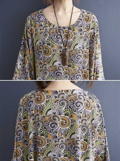 Loose National Floral Printed Round-Neck Batwing Sleeves Midi Dress