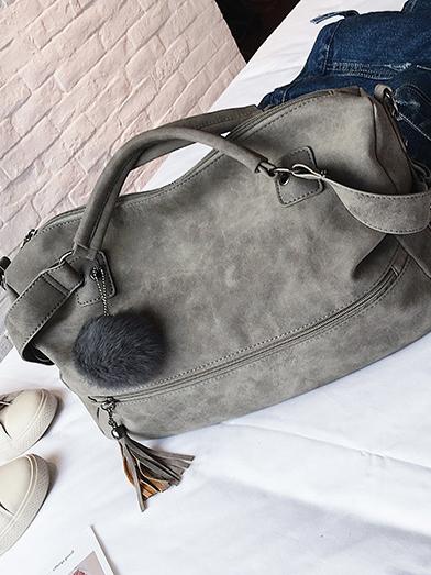 Solid Pompom Trimming Shoulder Bag