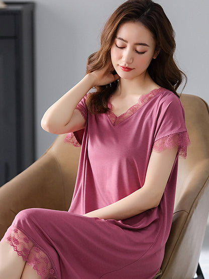 Comfortable Solid Lace Split-Joint  Round-Neck Pajama Dress