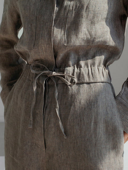 Urban Linen Drawstring Elastic Waisted Wide Leg Long Sleeves Jumpsuits