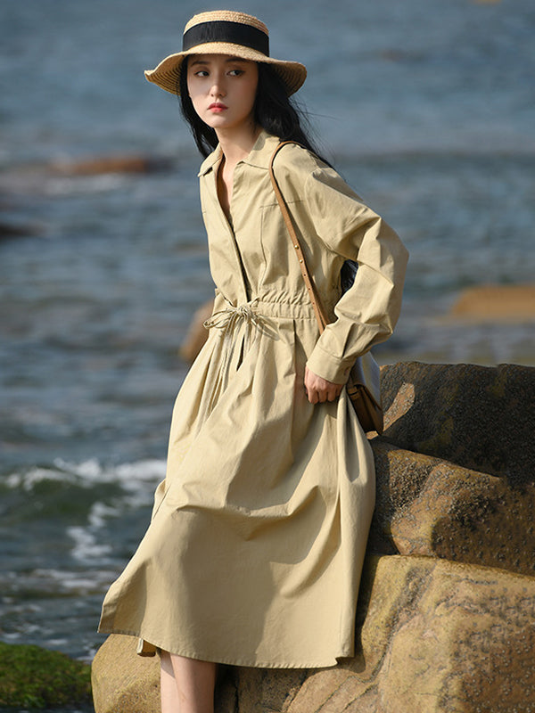 Casual Long Sleeves Loose Drawstring Tied Solid Color Lapel Collar Midi Dresses
