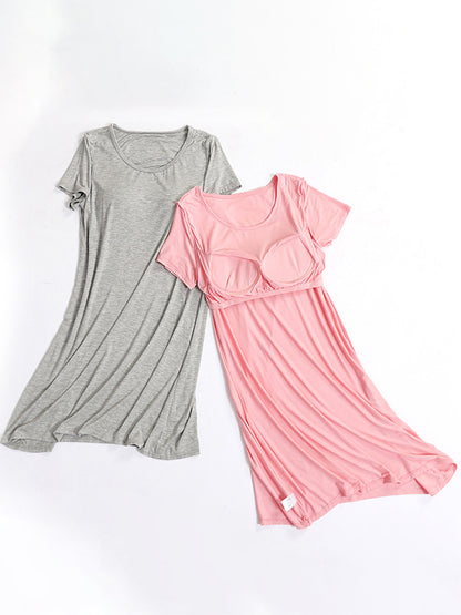 Comfortable 5 Colors Round-Neck Short Sleeves Pajama Dress