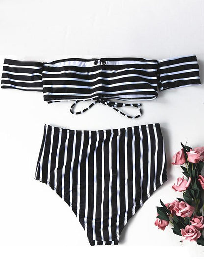 Sexy Striped Bow-embellished Top With High Cut Panty Bikini Set