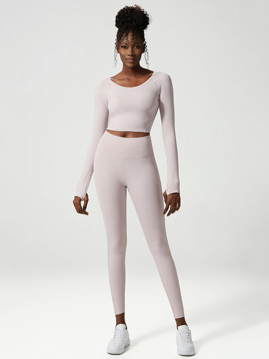 Solid Color U-Neck Long Sleeves Tees&Leggings Suits