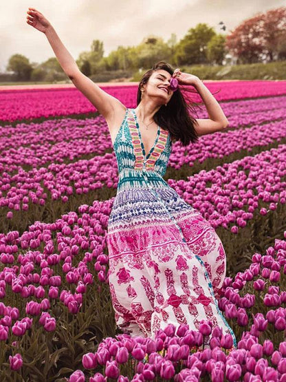 Floral Deep V-neck Split-side Maxi Dress