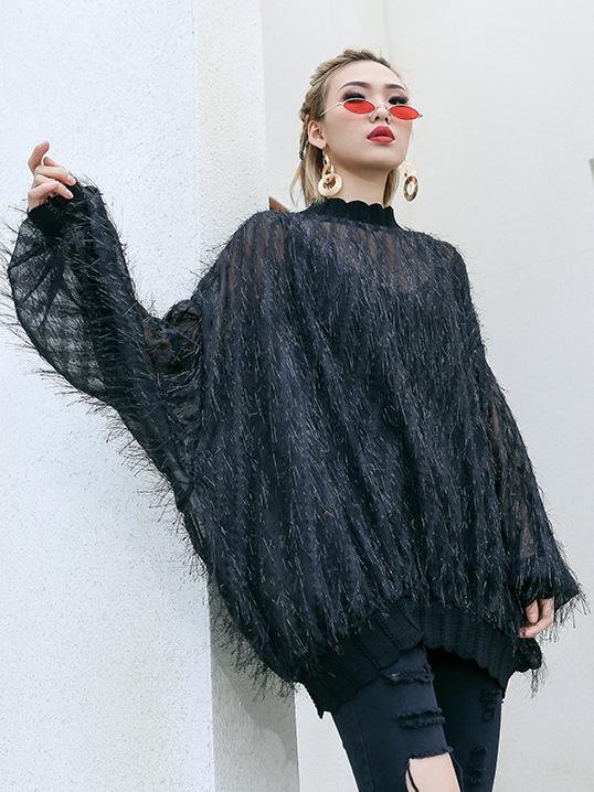 Fuzzy Tasseled See-through Batwing Sleeves Shirt Top