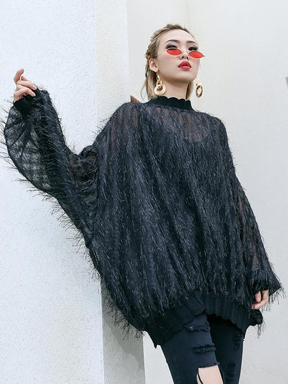 Fuzzy Tasseled See-through Batwing Sleeves Shirt Top