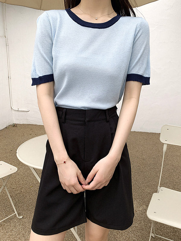 Casual Knitting Round-Neck Contrast Color T-Shirts Tops