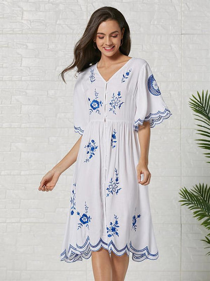 Bohemia Embroidered Hollow  Lace-trimmed Cotton Midi Dress