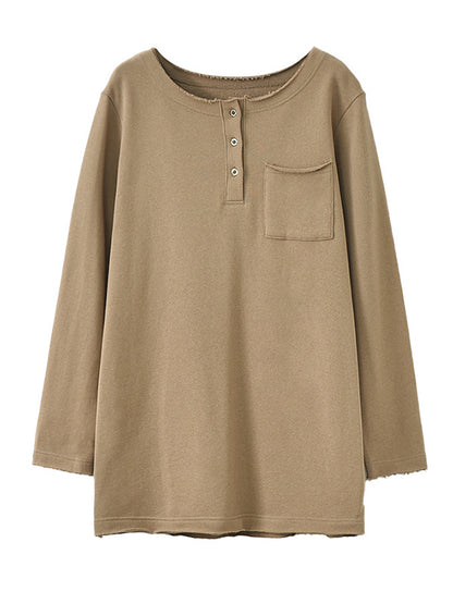Artistic Retro Long Sleeves Loose Solid Color Round-Neck T-Shirts Tops