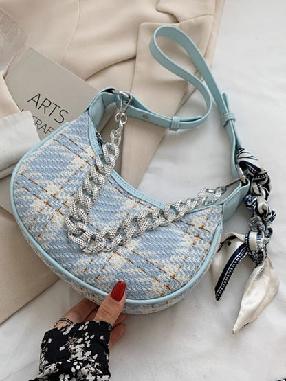 Original Chic Plaid With Chain&Scarf Zipper Canvas Shoulder Bag