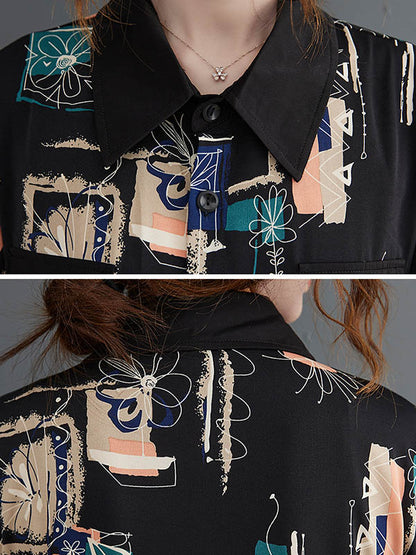 Stylish Printed Belted Split-Side Lapel Short Sleeves Loose Jumpsuits