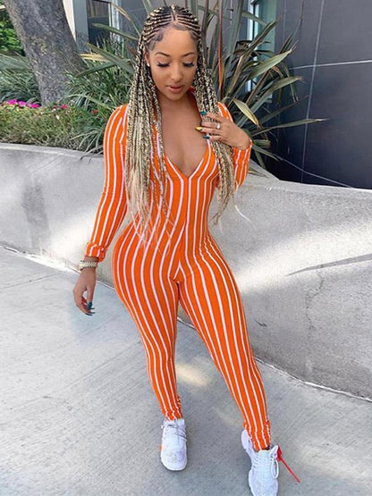 V-neck Striped Sports Jumpsuits