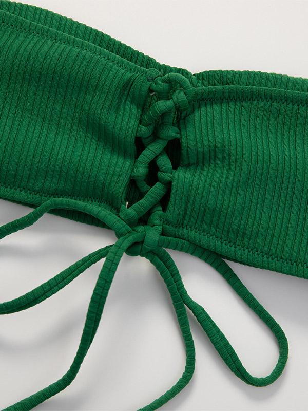 Solid Color Strapless Bandage Split Bikini Swimsuit