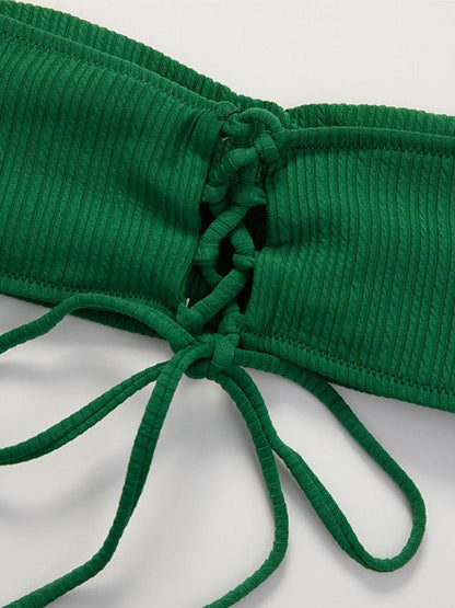 Solid Color Strapless Bandage Split Bikini Swimsuit