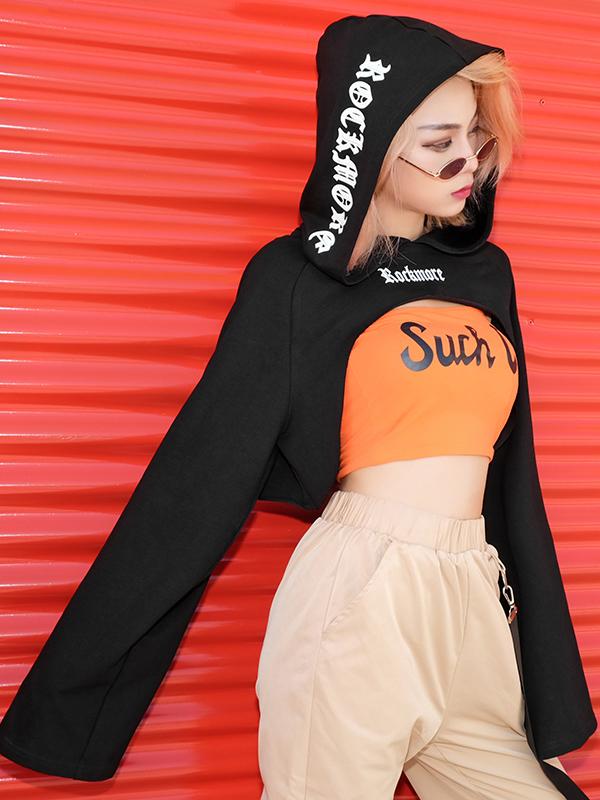 Fashion Letters Printed Flared Sleeves Short Hoodies&Sweatshirt Tops