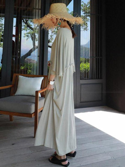 Loose Gray V-neck Elastic Waist Long Dress