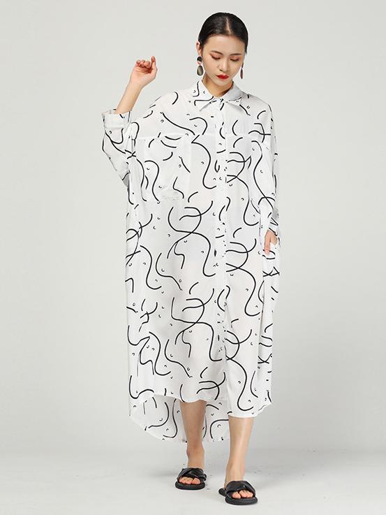 Original Ramie Cotton Printed Lapel Long Blouse Dress