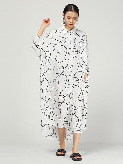 Original Ramie Cotton Printed Lapel Long Blouse Dress