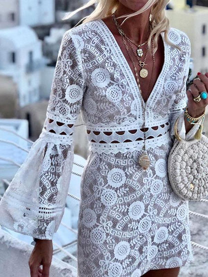 Fashion V-neck Flared Long Sleeves Mini Dress