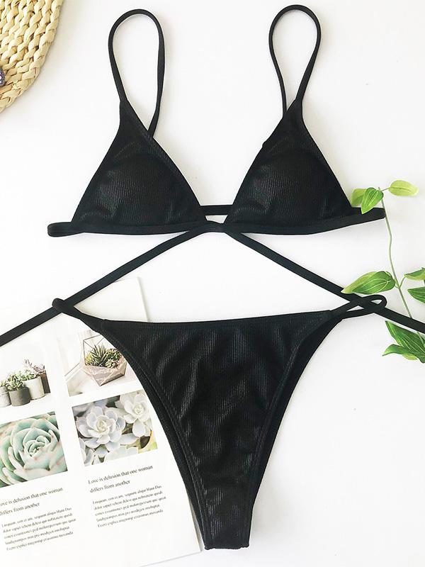 Spaghetti-Neck Bandage Split Type Bikini Swimsuit