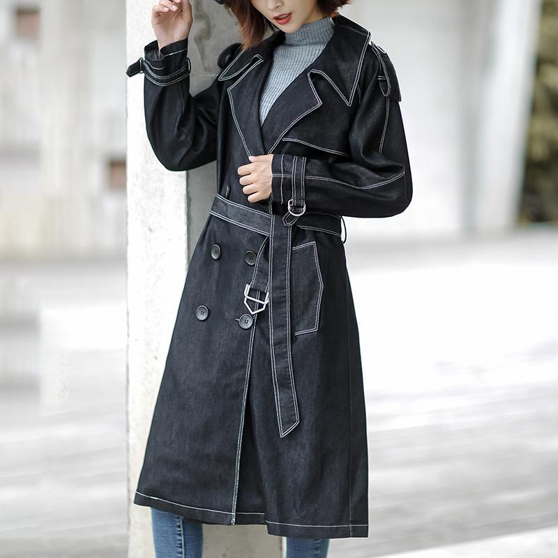 Cotton Solid Sashes Casual Office Lady Denim Coat