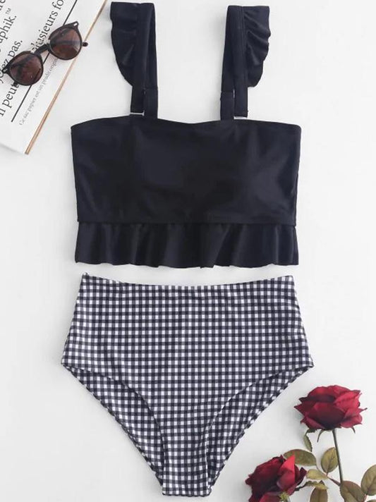 Ruffle High Waisted Stripe Plaid Bikini Swimsuit