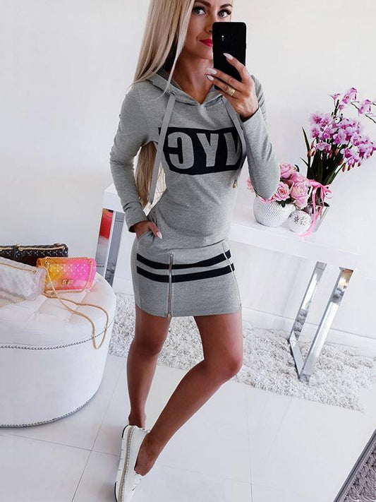 Fashion Long Sleeves Letters Printed Hooded Midi Dresses