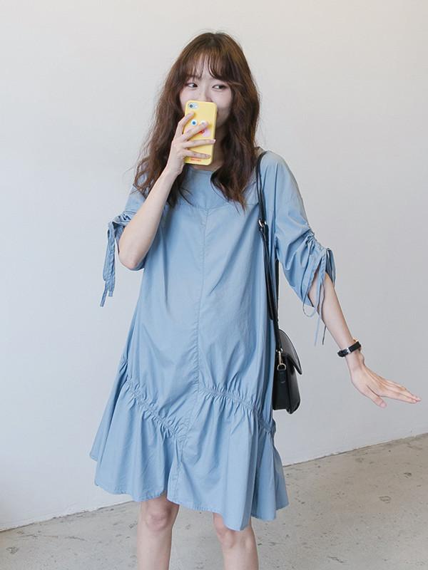 Maternity Solid Half Sleeves Round-neck Midi Dress