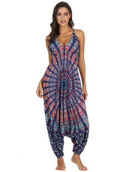 Floral Printed Spagetti-neck Loose Long Jumpsuits
