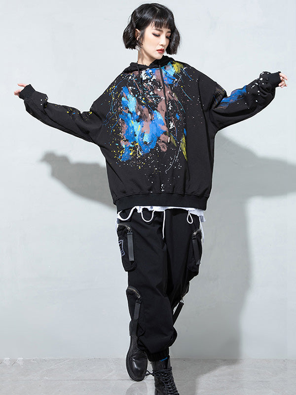 Fashion Printed Split-Joint Drawstring Hoodies Top