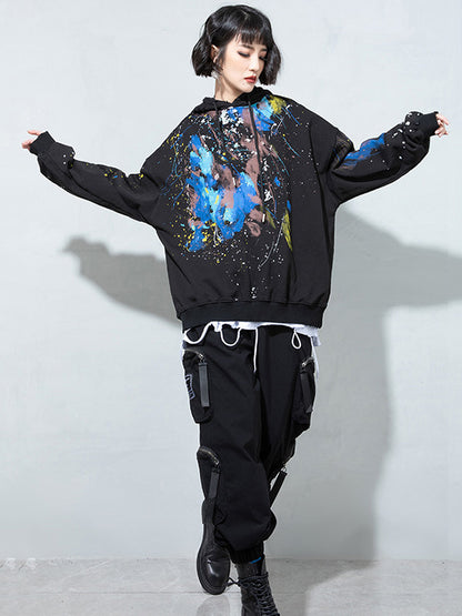 Fashion Printed Split-Joint Drawstring Hoodies Top