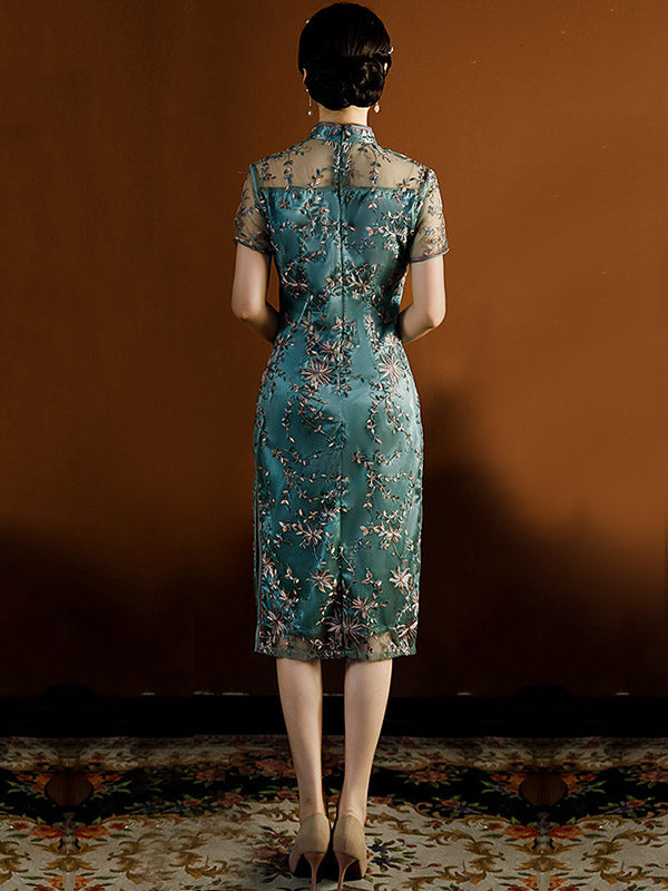 Vintage Tie-Dyed Hollow Beaded Split-Side Stand Collar Silk Cheongsam