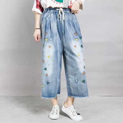 Embroidered Triangle Frayed Burr Casual Jeans