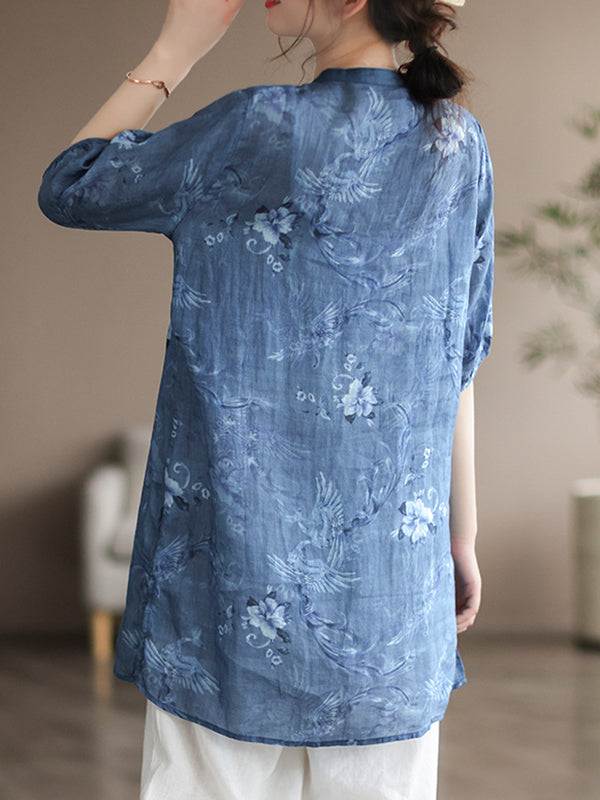 Vintage Half Sleeves Ramie Printed Thin T-Shirt