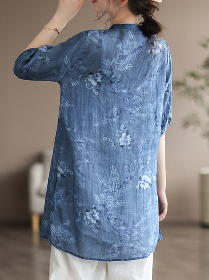 Vintage Half Sleeves Ramie Printed Thin T-Shirt