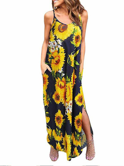 Loose Printed Condole Belt Midi Dress