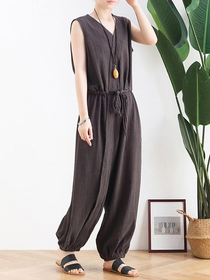 Original Solid Elasticity V-Meck Jumpsuits