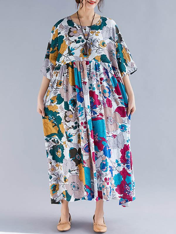 Plus Size Flower Print Round-neck Ramie Long Dress