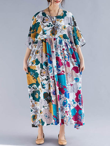 Plus Size Flower Print Round-neck Ramie Long Dress