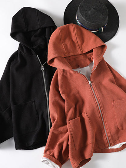 Casual Loose Solid Color Hooded Split-Joint Zipper Outerwear