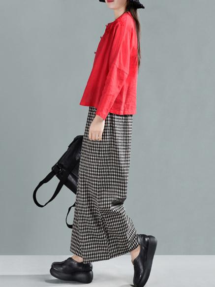 Leisure Ramie Cotton Plaid Wide-leg Pants