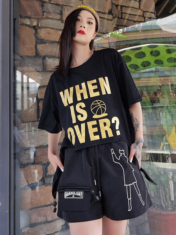 Stylish Letter&Character Print Asymmetric Short T-Shirt