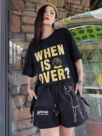 Stylish Letter&Character Print Asymmetric Short T-Shirt