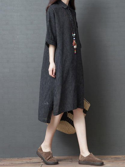 Casual Striped Cotton Long Shirt Dress