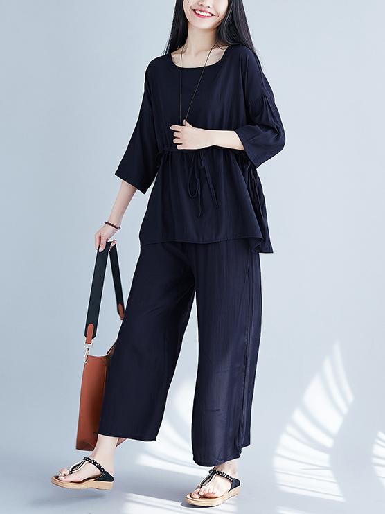 Plus Size Loose Solid Wide-leg Two-piece Suits