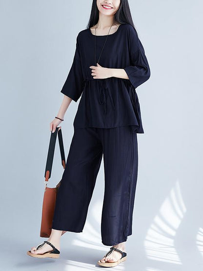 Plus Size Loose Solid Wide-leg Two-piece Suits