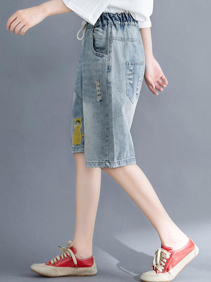 Loose Embroidered Casual Jean Shorts