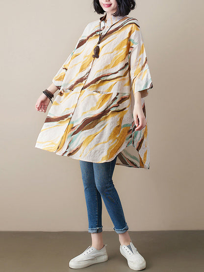 Artistic Retro Contrast Color Printed Split-Joint Blouse